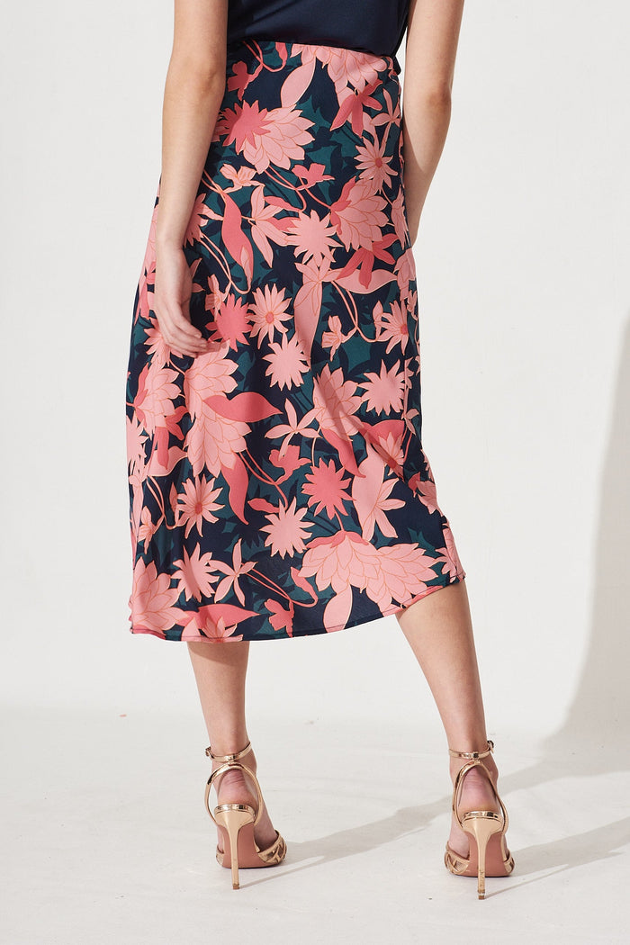Wild Bloom Midi Skirt In Teal With Blush Floral Satin - Back