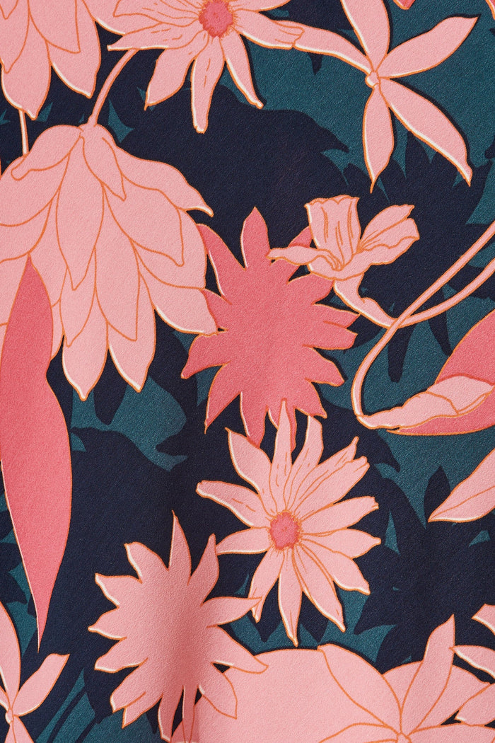 Wild Bloom Midi Skirt In Teal With Blush Floral Satin - Fabric