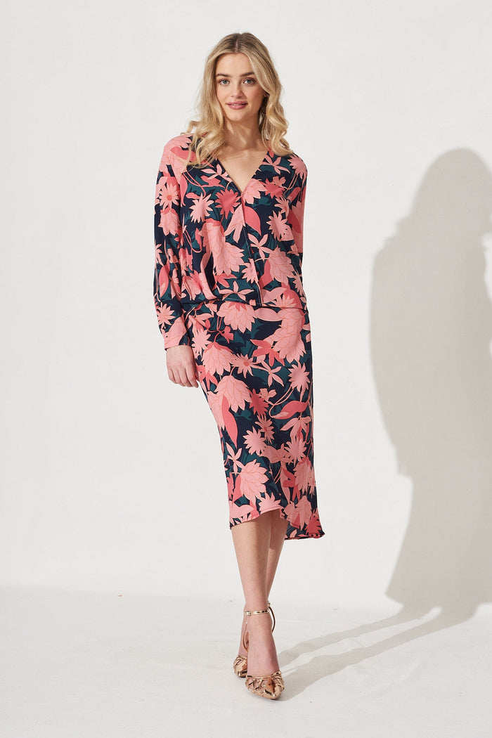 Wild Bloom Midi Skirt In Teal With Blush Floral Satin - Full Length Styling