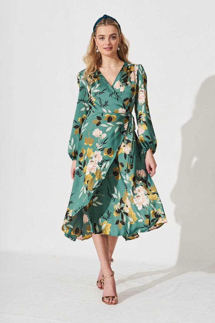 Mackenzie Midi Wrap Dress in Green with Blush Floral Satin - Full Length