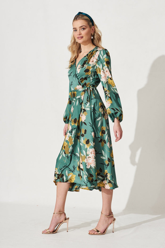 Mackenzie Midi Wrap Dress in Green with Blush Floral Satin - Side