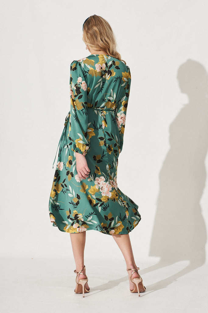 Mackenzie Midi Wrap Dress in Green with Blush Floral Satin - Back