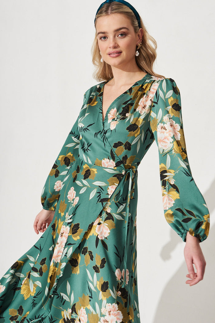 Mackenzie Midi Wrap Dress in Green with Blush Floral Satin - Front