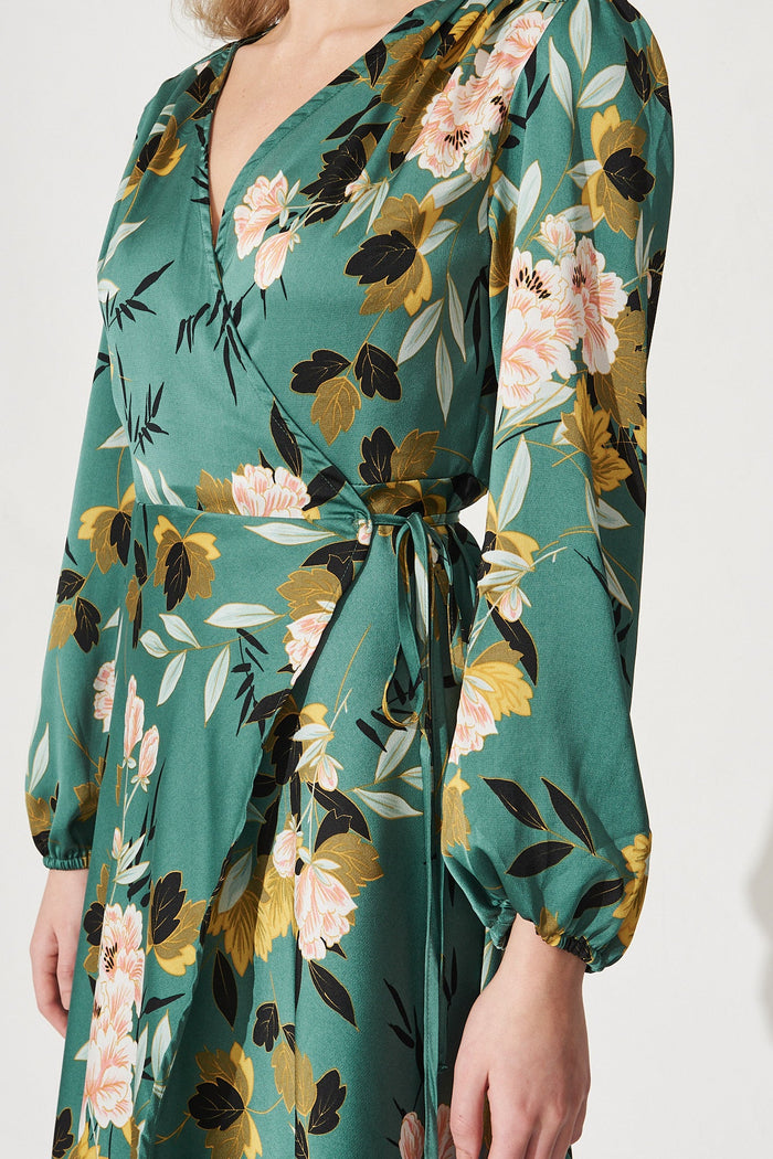 Mackenzie Midi Wrap Dress in Green with Blush Floral Satin - Detail