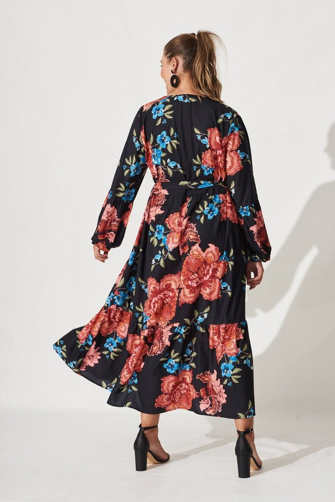 Bruna Midi Dress In Black With Red Floral - St Frock (Dev)