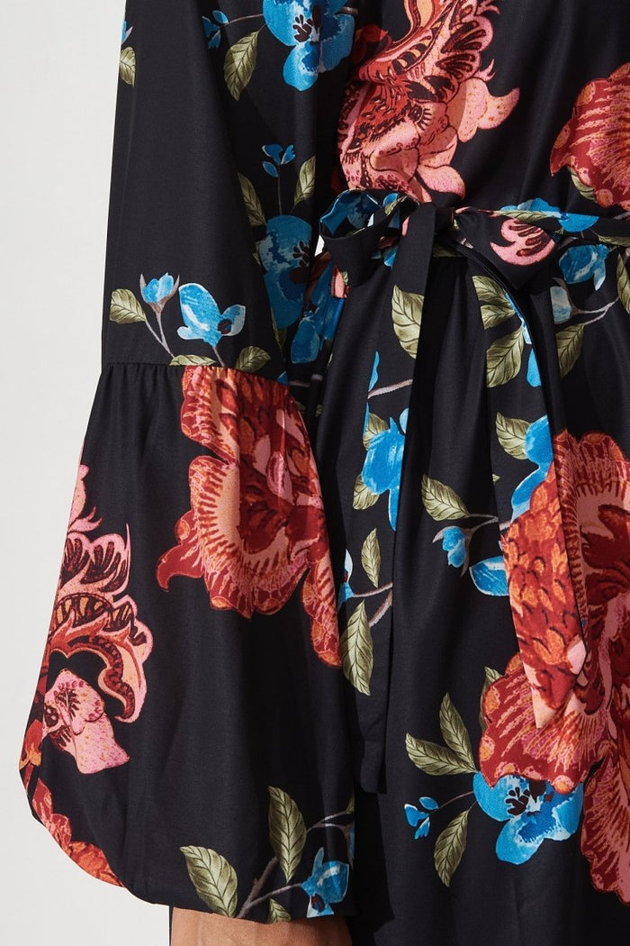 Bruna Midi Dress In Black With Red Floral - St Frock (Dev)