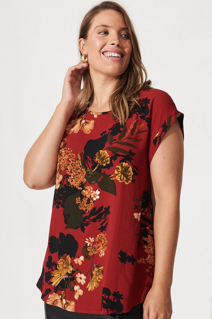 Rejina Top In Red With Black Floral - Front