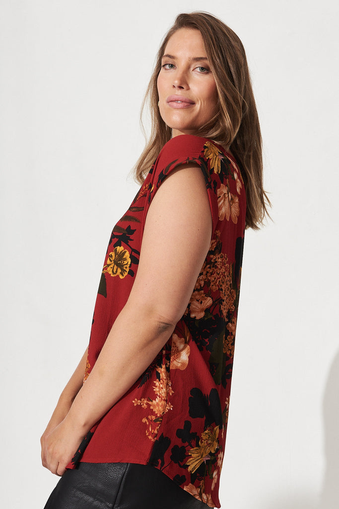 Rejina Top In Red With Black Floral - Side