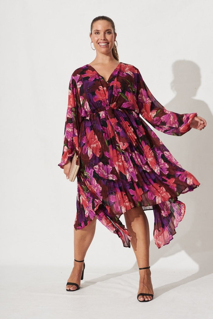 Bronny Midi Dress In Black With Purple Floral Chiffon - St Frock (Dev)