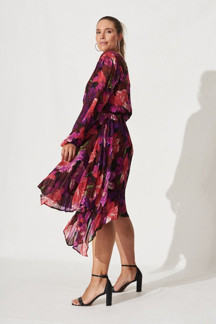 Bronny Midi Dress In Black With Purple Floral Chiffon - St Frock (Dev)