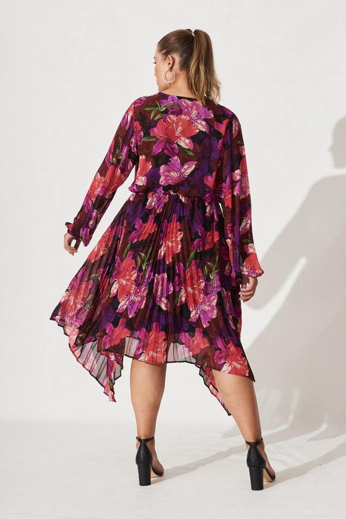 Bronny Midi Dress In Black With Purple Floral Chiffon - St Frock (Dev)