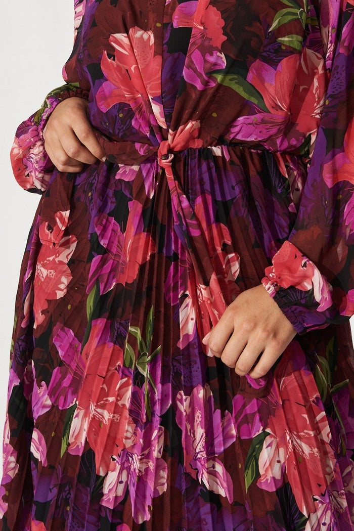 Bronny Midi Dress In Black With Purple Floral Chiffon - St Frock (Dev)
