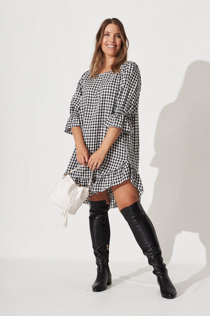 Loveline Dress In Black With White Gingham - Full Length
