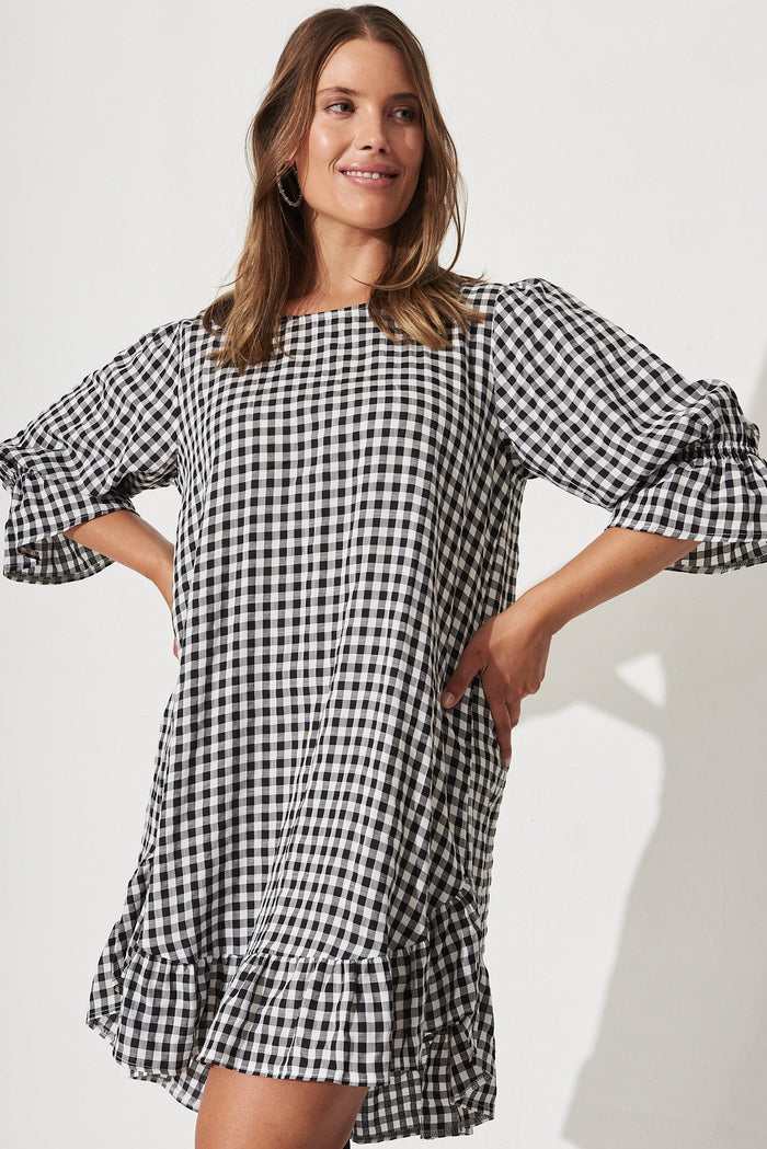 Loveline Dress In Black With White Gingham - Front