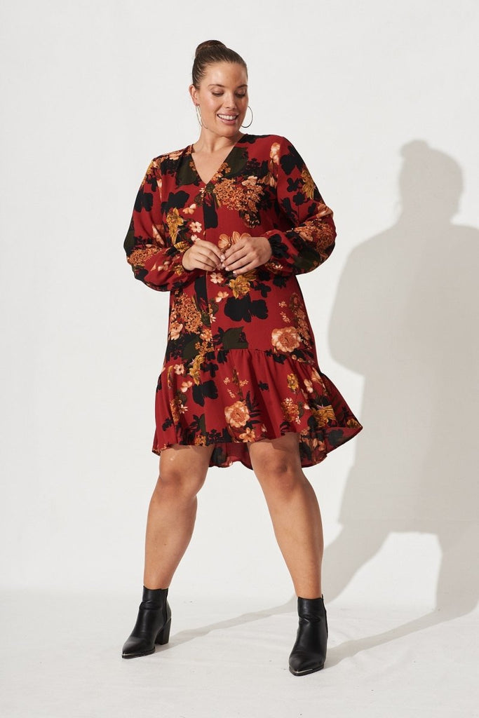 Catania Shift Dress In Red With Black Floral - St Frock (Dev)