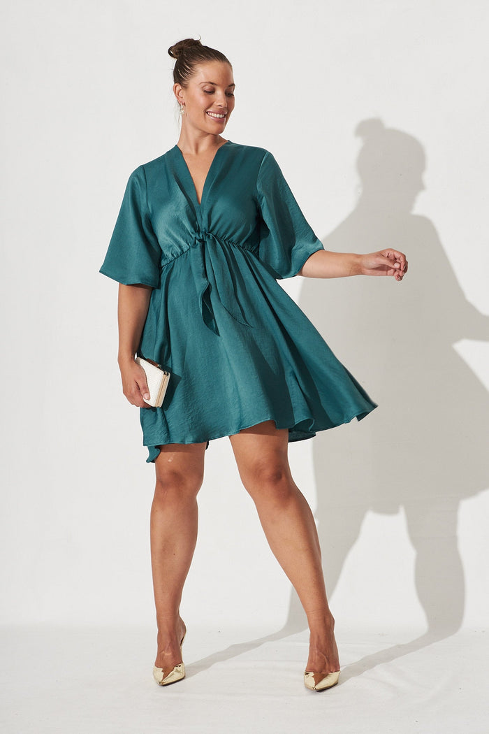 Helene Dress in Dusty Teal Satin - Full Length