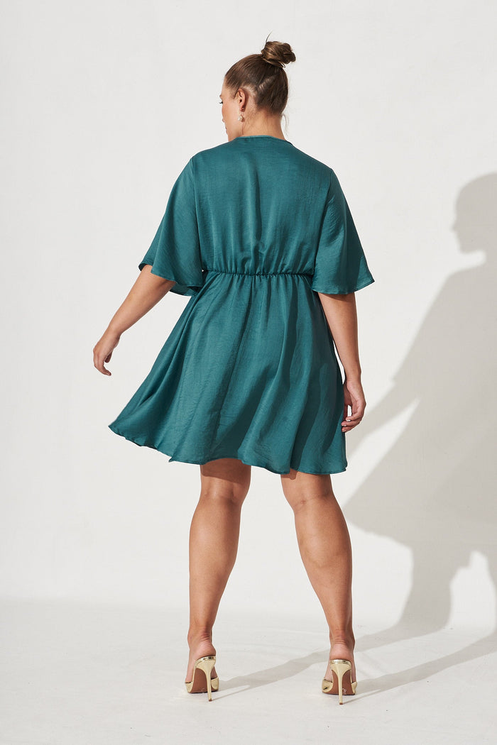 Helene Dress in Dusty Teal Satin - Back