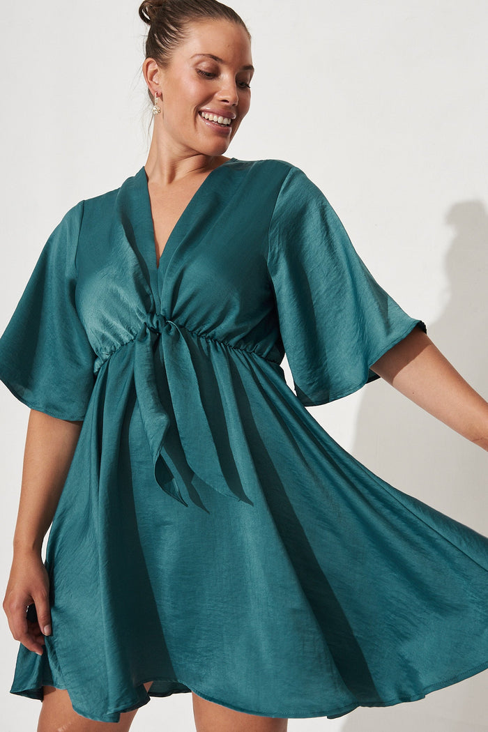 Helene Dress in Dusty Teal Satin - Front