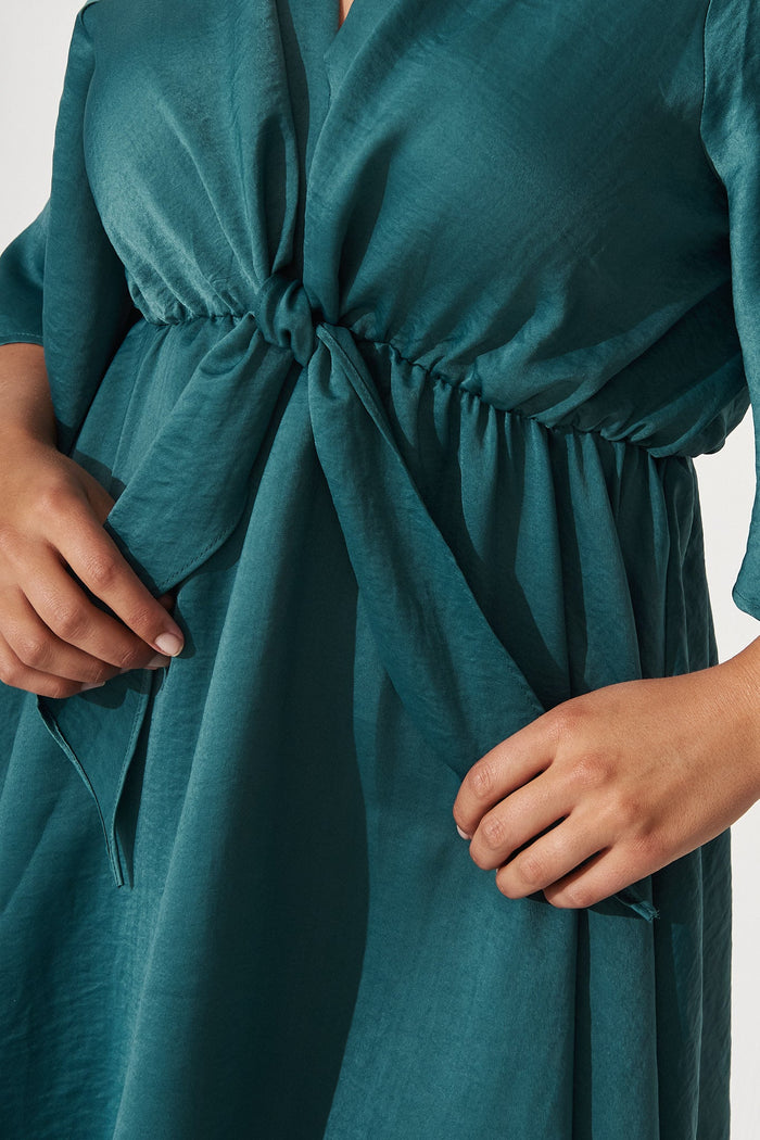 Helene Dress in Dusty Teal Satin - Detail