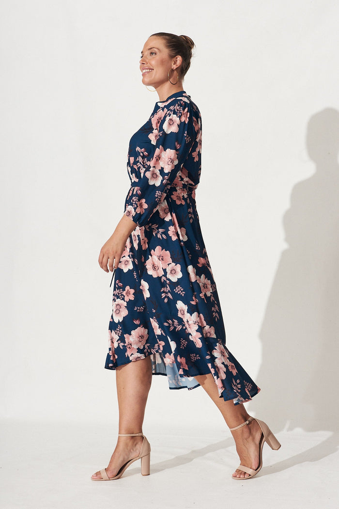 Jemimah Midi Dress In Teal With Blush Floral - Side