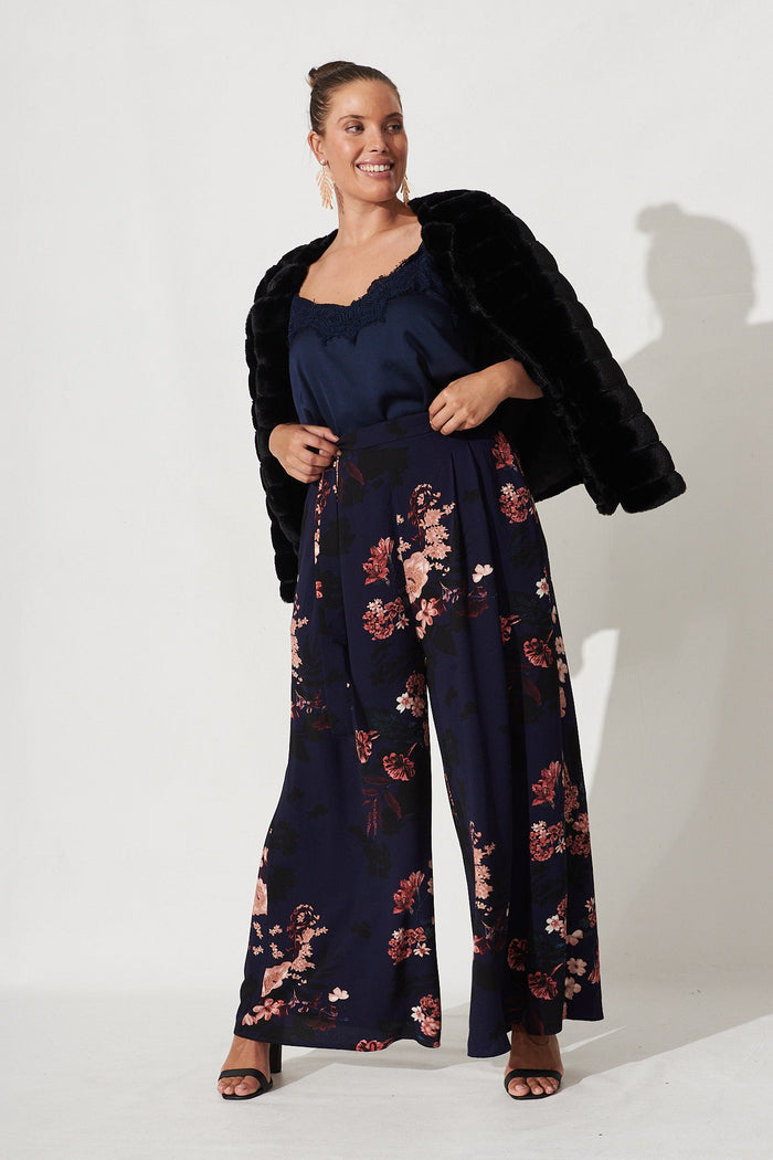 High Hopes Pants In Navy With Pink And Blush Floral - Full Length