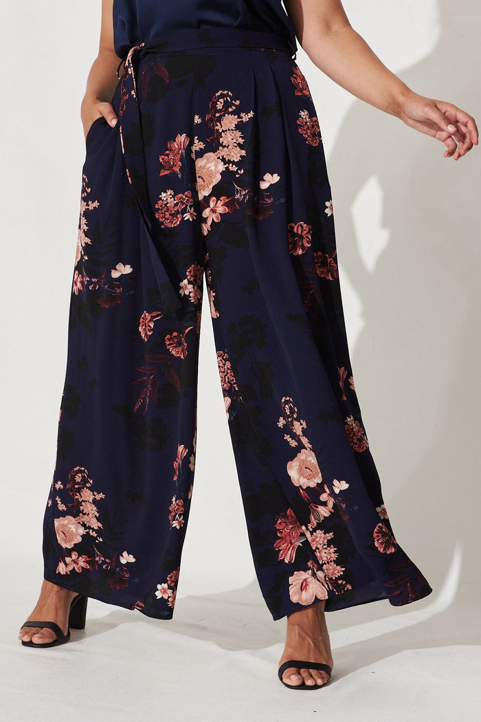 High Hopes Pants In Navy With Pink And Blush Floral - Front