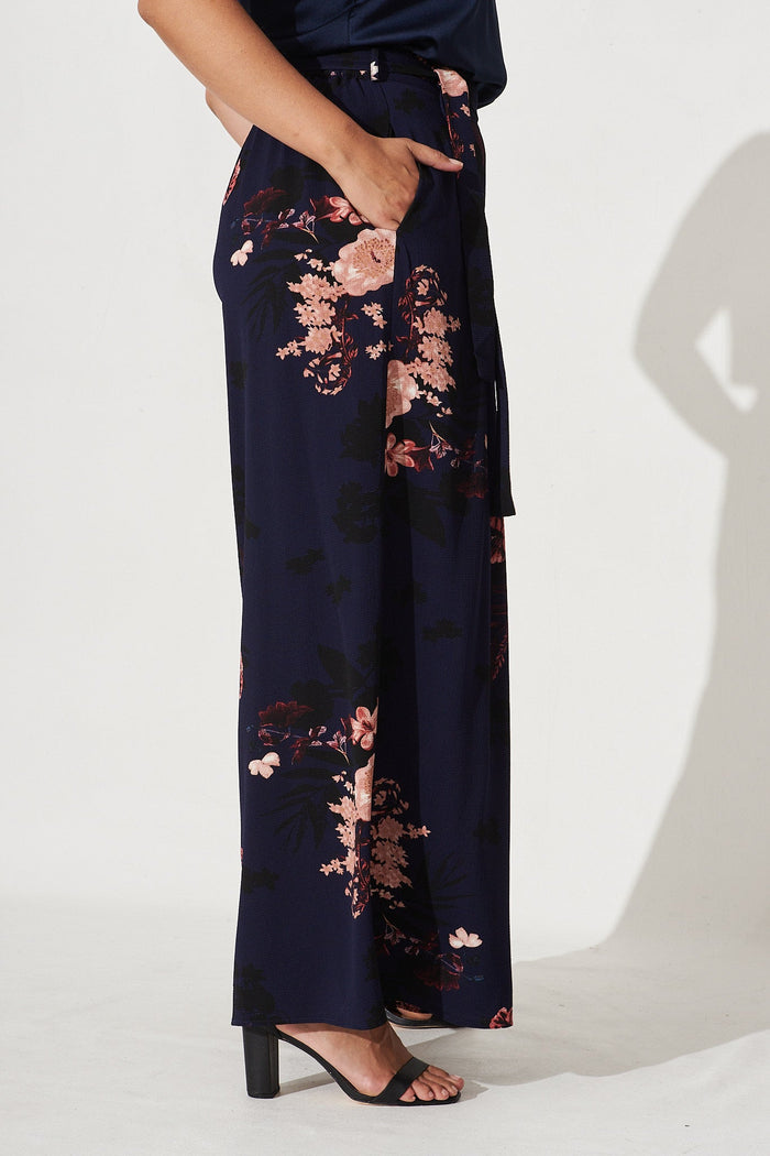 High Hopes Pants In Navy With Pink And Blush Floral - Side