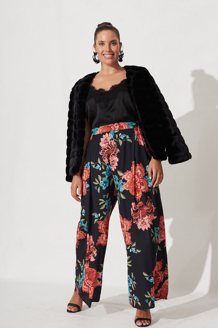 Mollie Pants In Black With Red Floral - Full Length