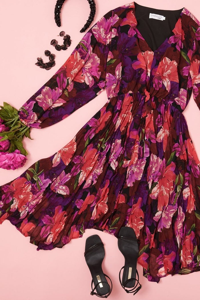 Bronny Midi Dress In Black With Purple Floral Chiffon - St Frock (Dev)