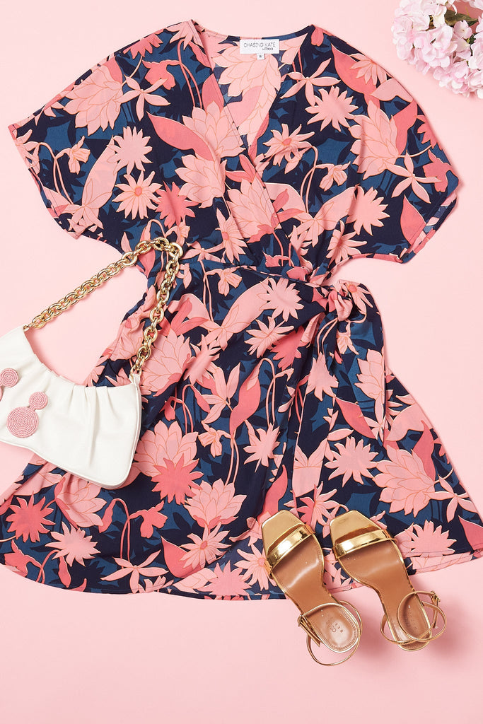 Dhalia Dress In Teal With Blush Floral Satin - flatlay