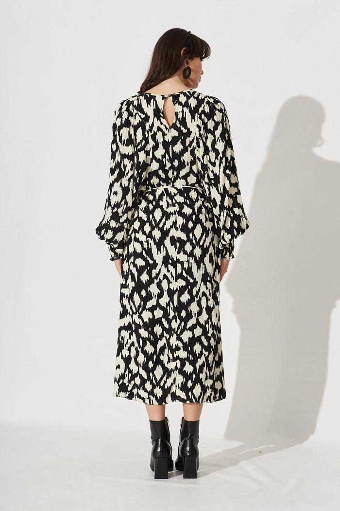 Nerilee Maxi Dress In Black With White Leopard Print - Back