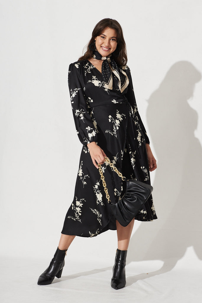 Mackenzie Midi Wrap Dress In Black With Cream Floral Satin - Full Length