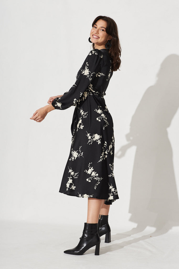 Mackenzie Midi Wrap Dress In Black With Cream Floral Satin - Side