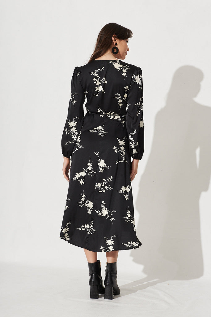 Mackenzie Midi Wrap Dress In Black With Cream Floral Satin - Back