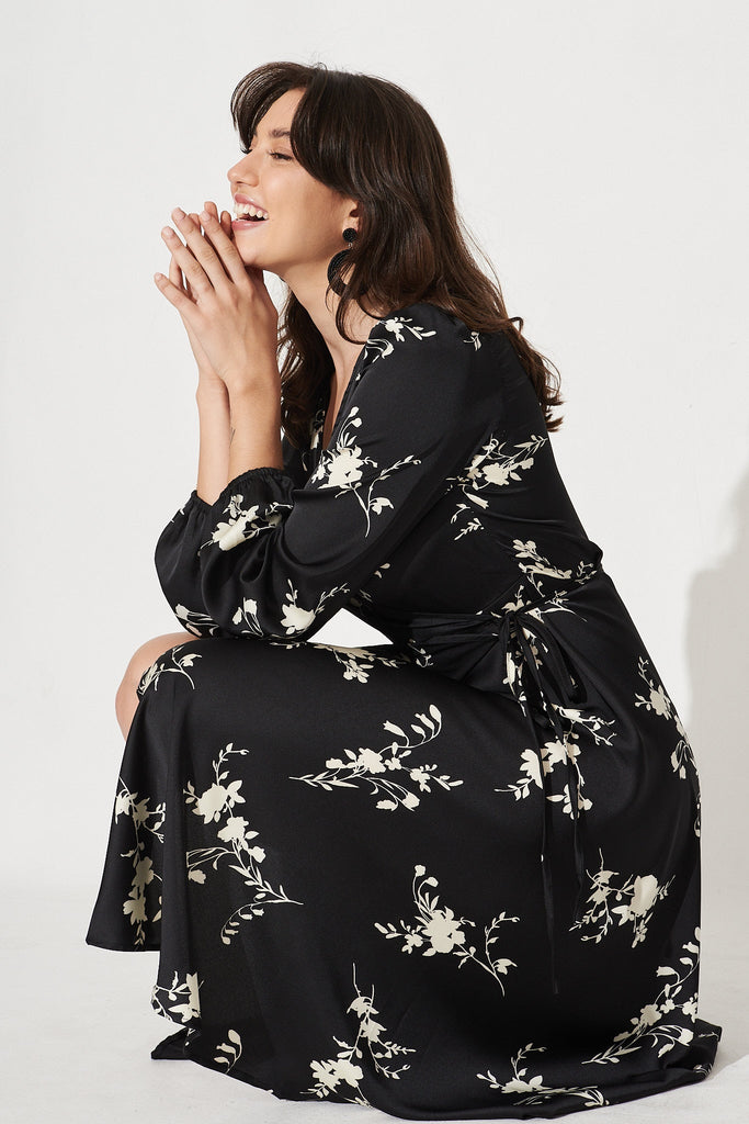 Mackenzie Midi Wrap Dress In Black With Cream Floral Satin - Detail