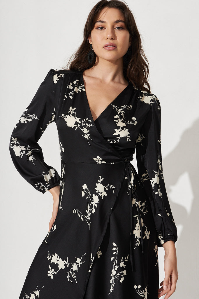 Mackenzie Midi Wrap Dress In Black With Cream Floral Satin - Front