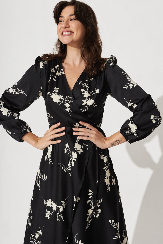 Mackenzie Midi Wrap Dress In Black With Cream Floral Satin - Front