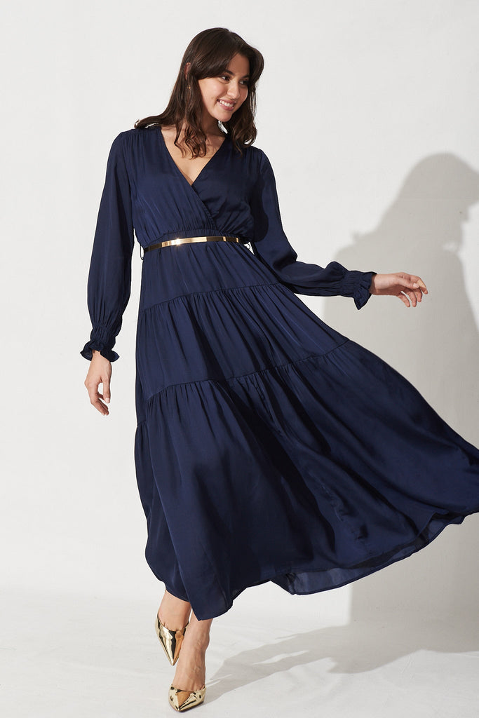 Dominique Maxi Dress In Navy Satin - Full Length