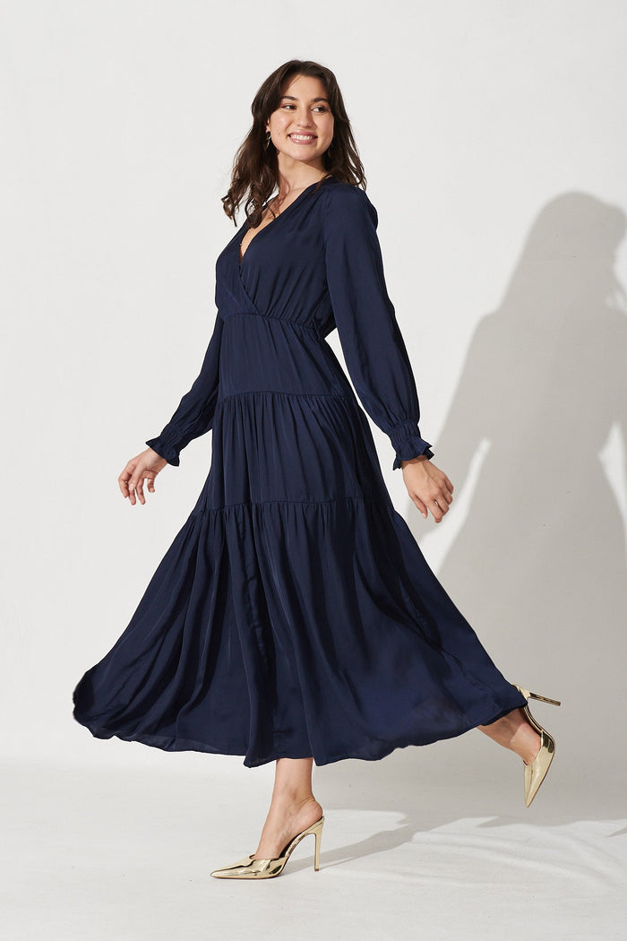 Dominique Maxi Dress In Navy Satin - Side