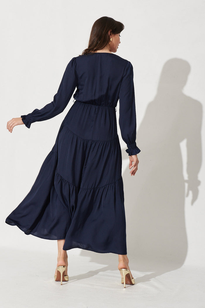 Dominique Maxi Dress In Navy Satin - Back