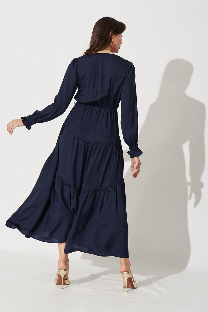Dominique Maxi Dress In Navy Satin - Back