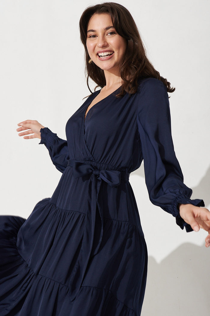 Dominique Maxi Dress In Navy Satin - Front