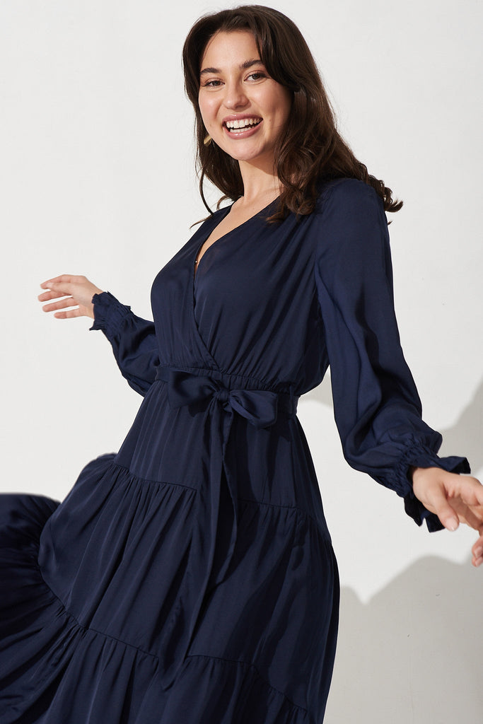 Dominique Maxi Dress In Navy Satin - Front