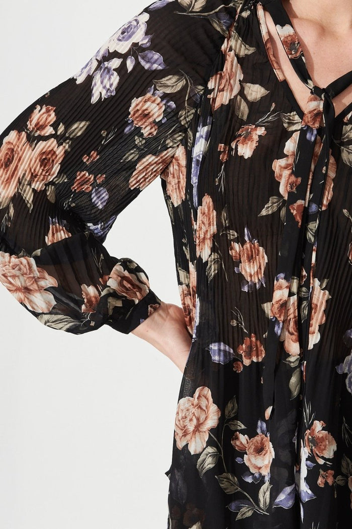 Catena Top In Black With Rust Floral Chiffon - St Frock (Dev)