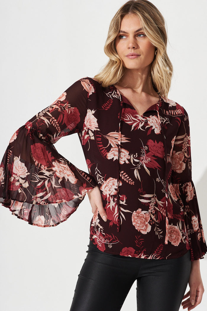Festa Chiffon Top In Brown With Blush Floral - Front