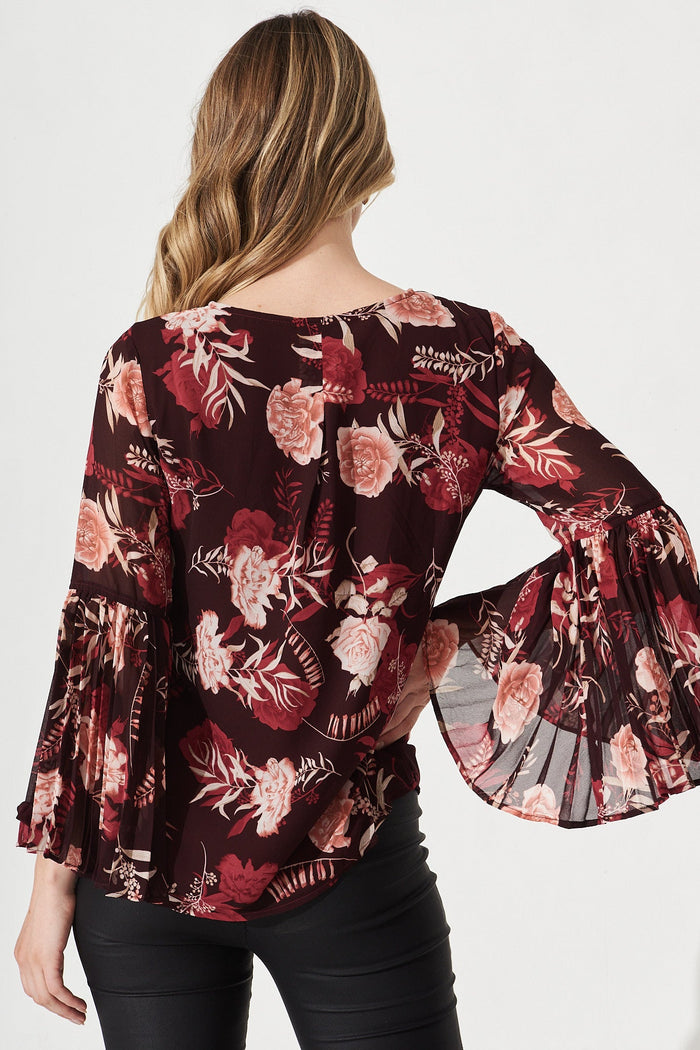 Festa Chiffon Top In Brown With Blush Floral - Back
