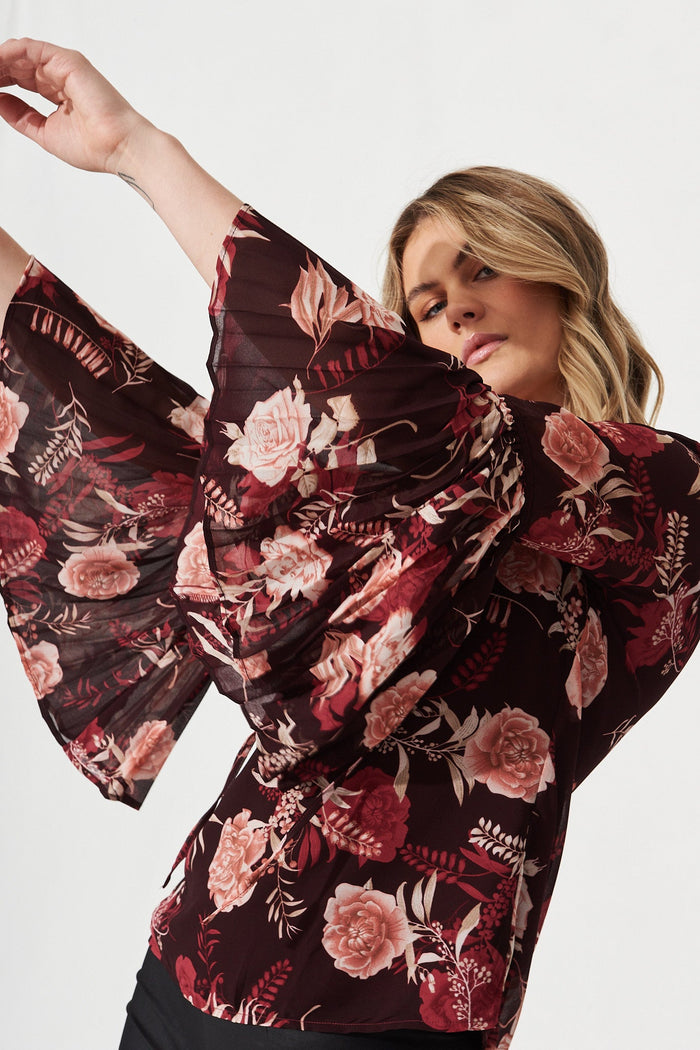 Festa Chiffon Top In Brown With Blush Floral - Front Detail