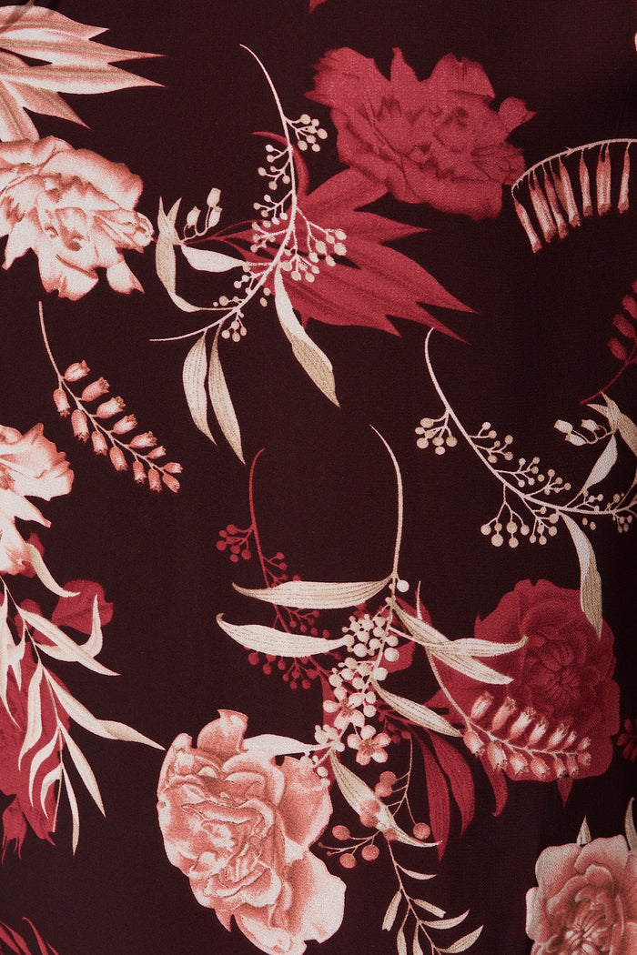 Festa Chiffon Top In Brown With Blush Floral - Fabric