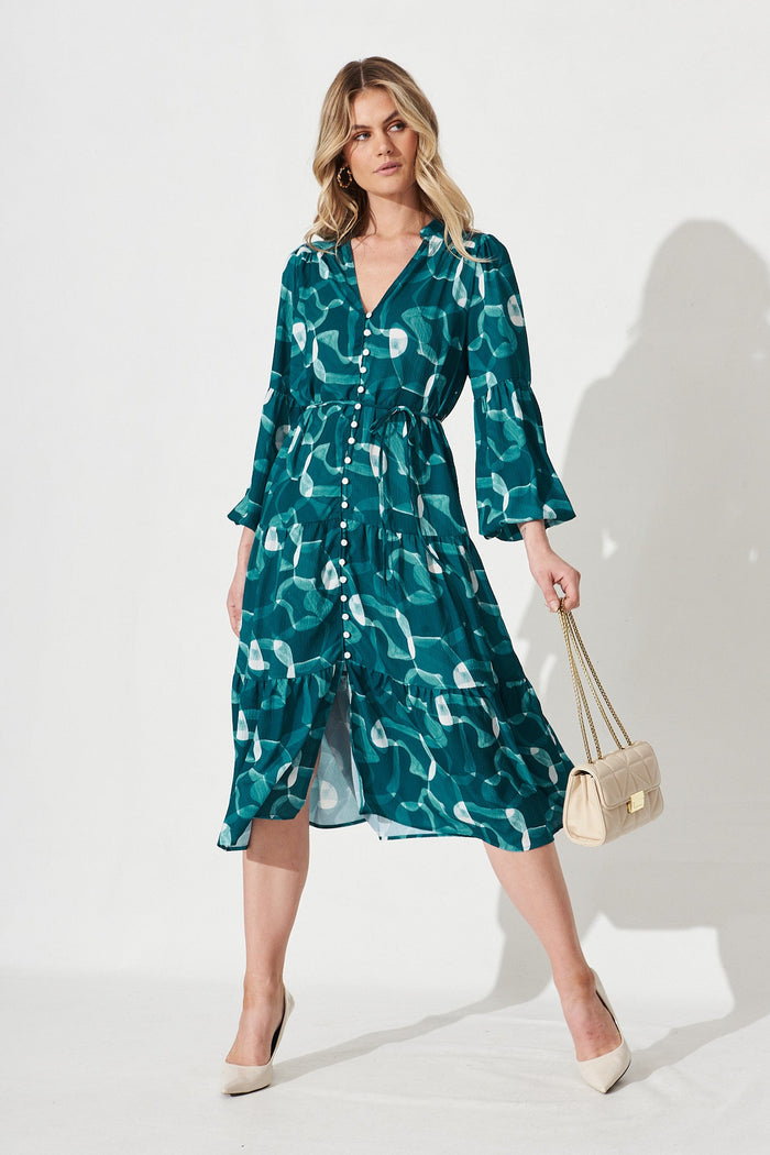 Jovanka Midi Dress In Teal Print - Full Length