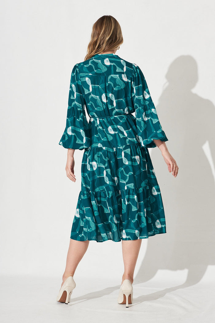 Jovanka Midi Dress In Teal Print - Back